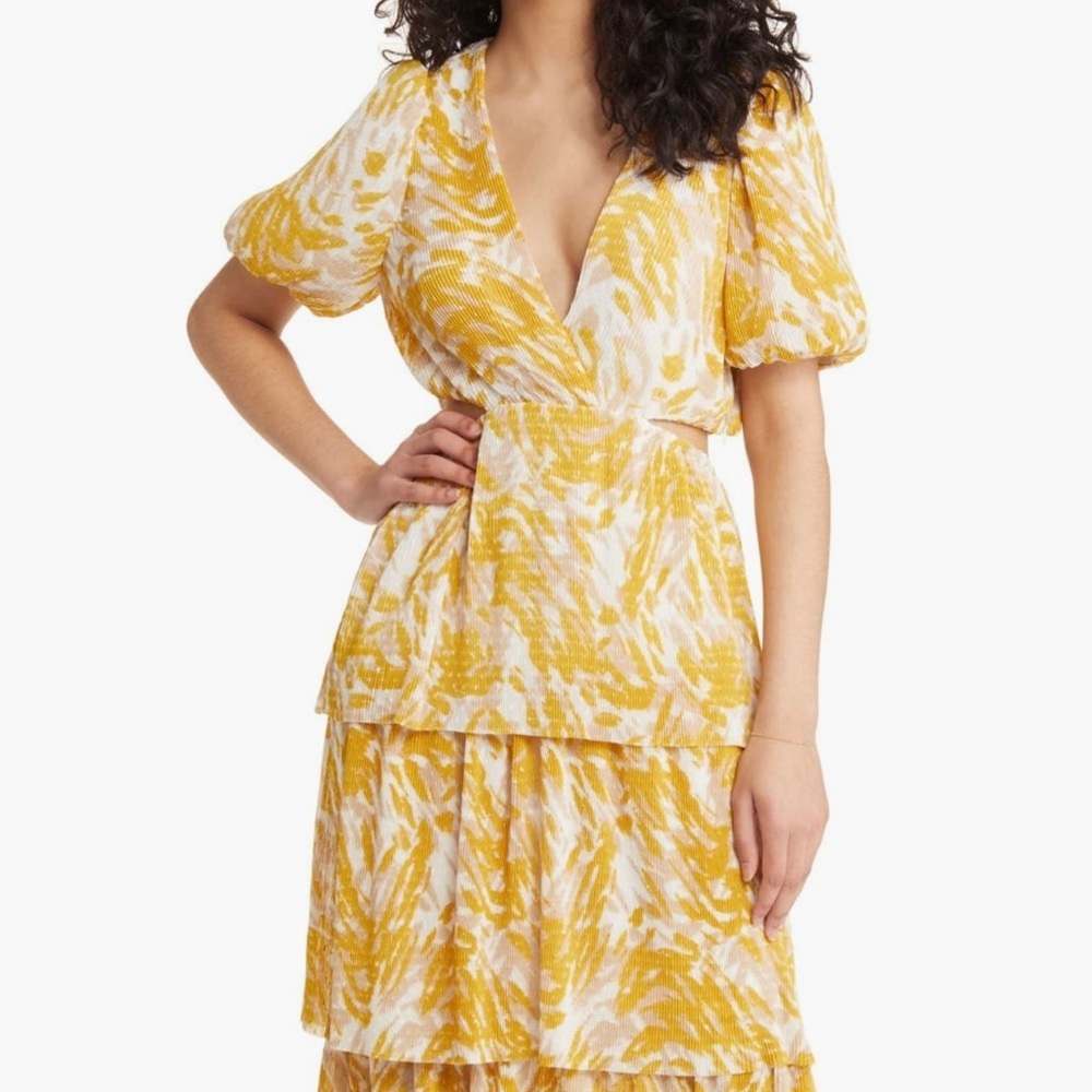 Charles Henry Abstract Print Cutout Waist Tiered Clip Dot Dress